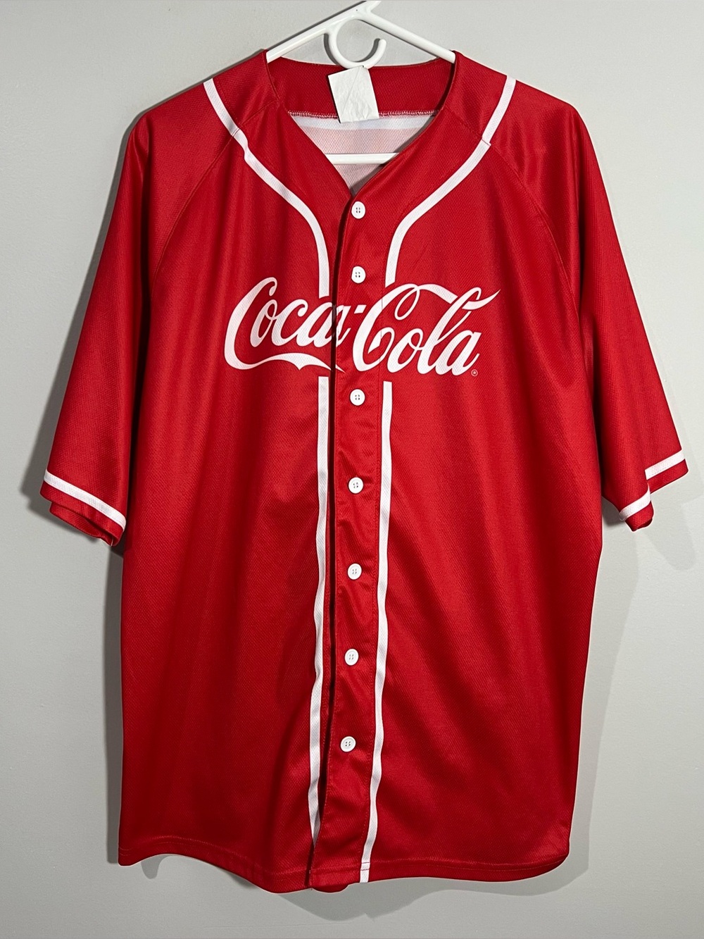 Coca-Cola 86 Red White Short Sleeve Button Up Baseball Jersey Mens Large